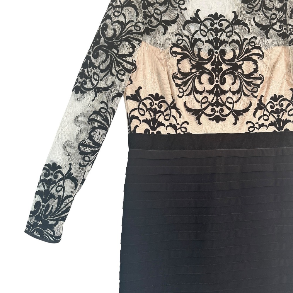Betsy & Adam Dress Lace Damask Tiered Bandage Long Sleeve Black Nude 14 Cocktail - Picture 4 of 11